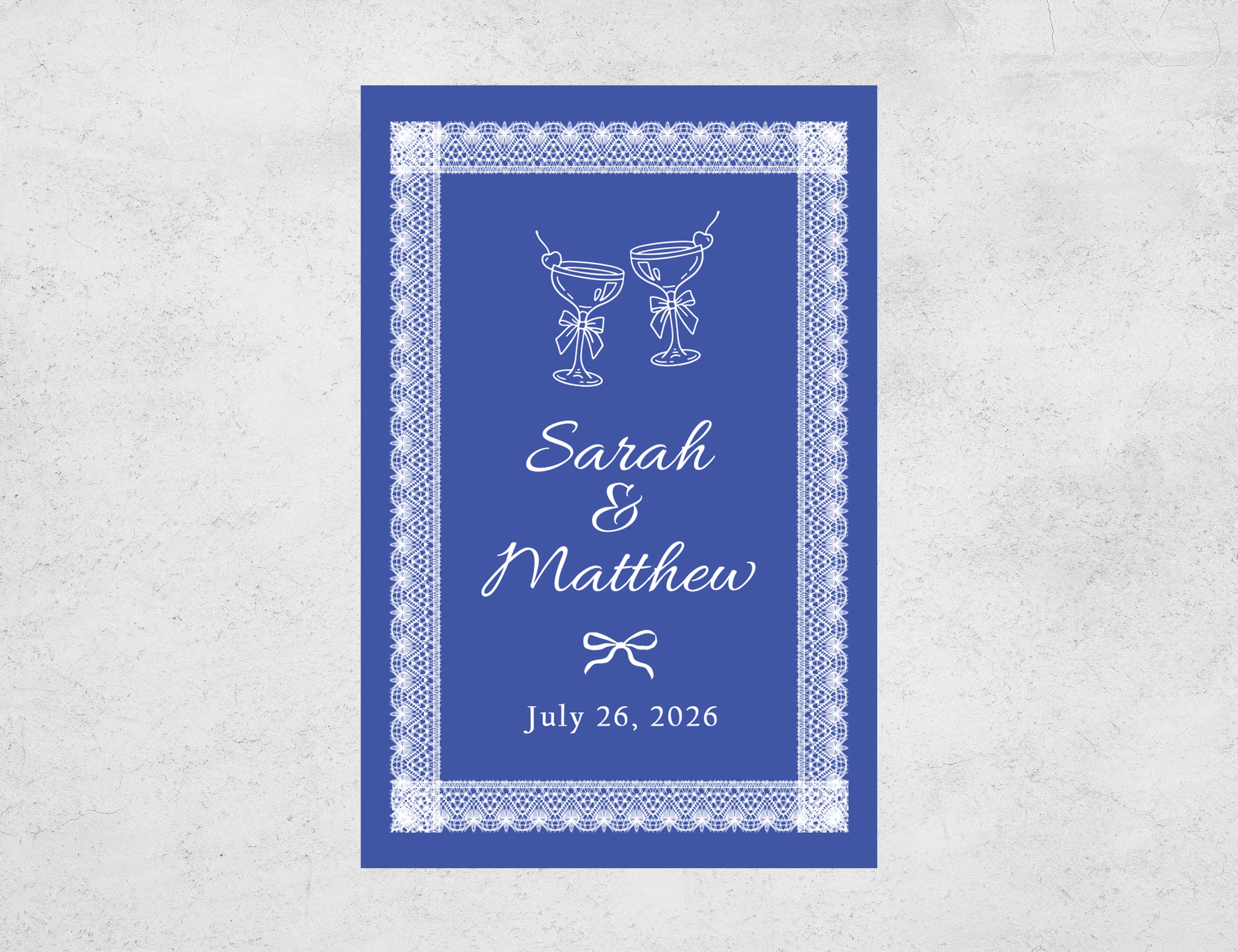 Blue lace matchboxes with colored matches and The Perfect Match design