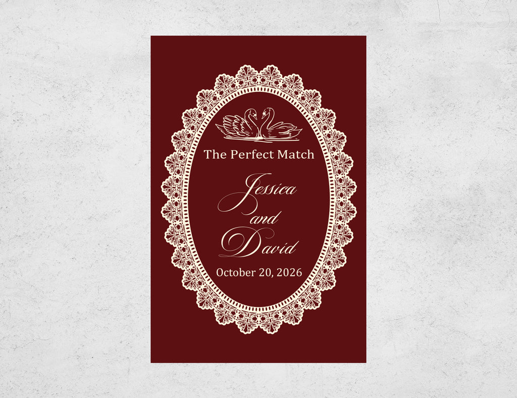 Personalized Burgundy Lace Wedding Matchboxes - Custom Swan "The Perfect Match" Elegant Engagement & Bridal Shower Favors with Names & Date