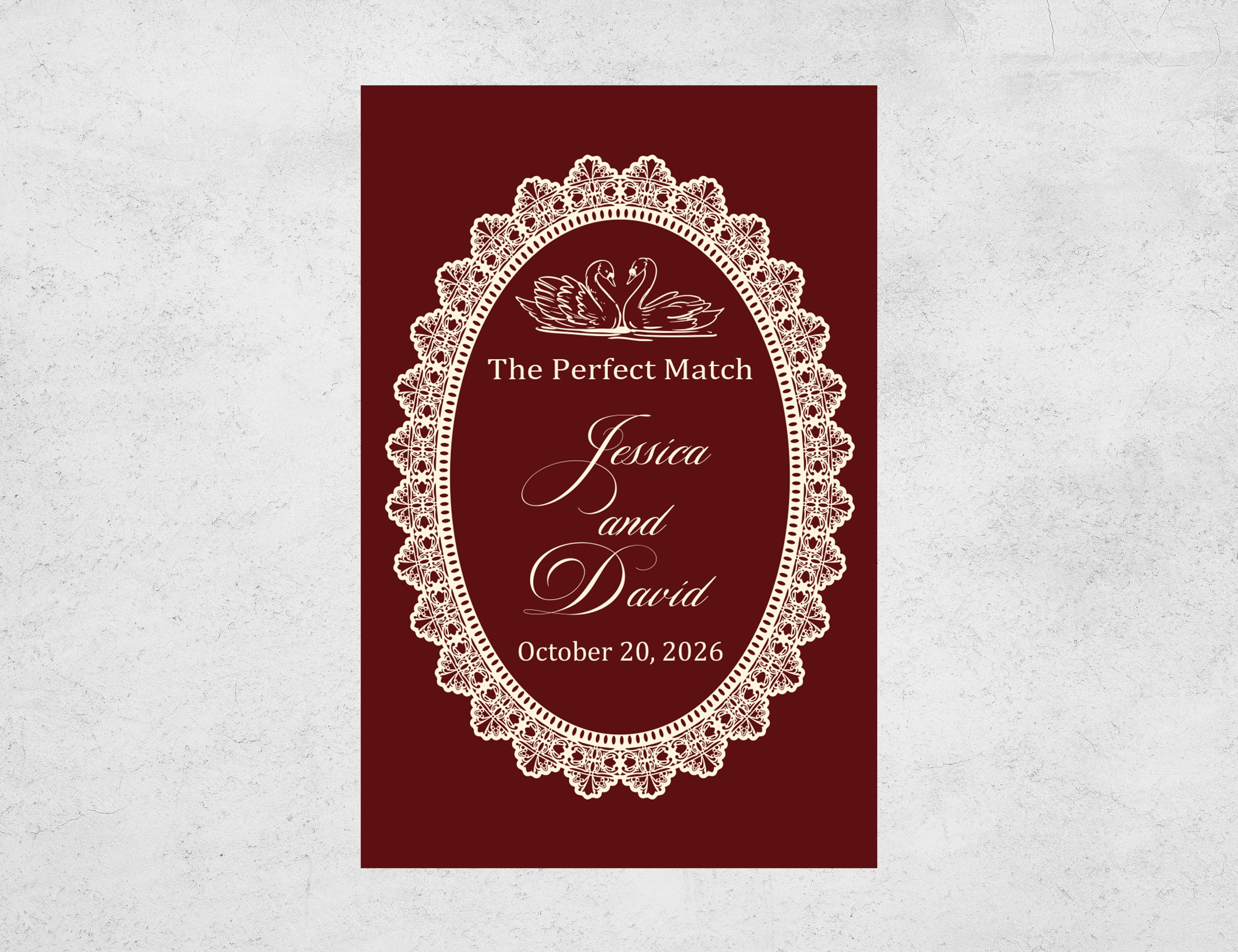 Personalized Burgundy Lace Wedding Matchboxes - Custom Swan "The Perfect Match" Elegant Engagement & Bridal Shower Favors with Names & Date