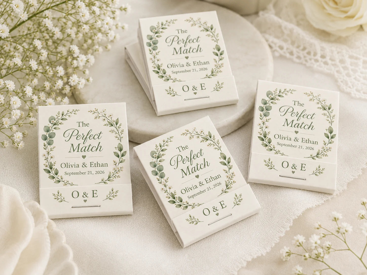 Personalized Wedding Matchbooks - Opened view with 20 premium matches and custom printing inside