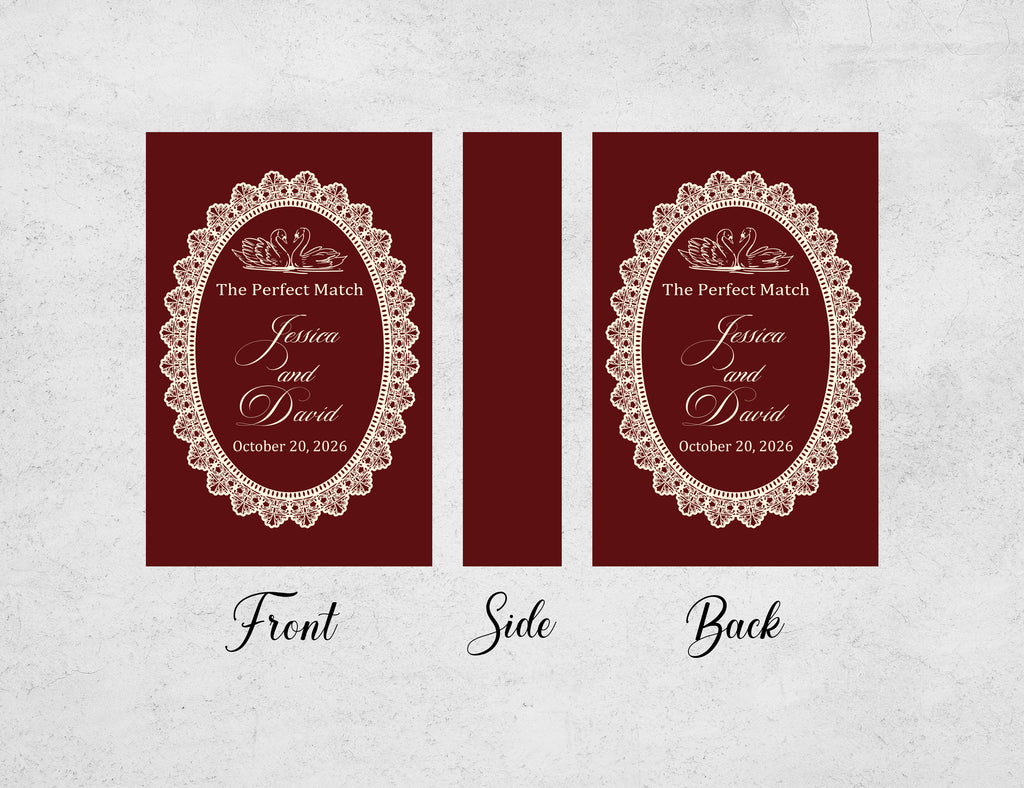 Personalized Burgundy Lace Wedding Matchboxes - Custom Swan "The Perfect Match" Elegant Engagement & Bridal Shower Favors with Names & Date