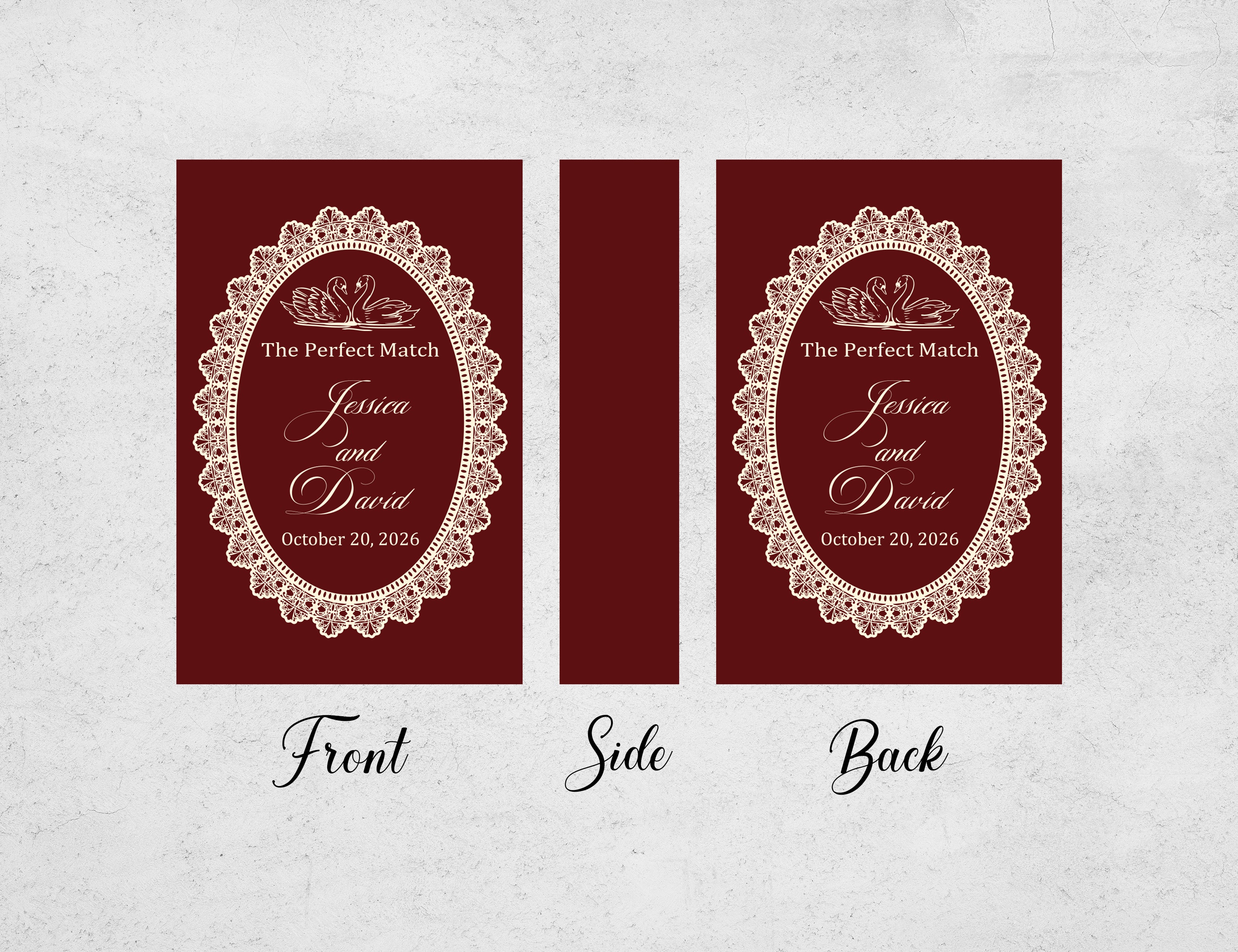Personalized Burgundy Lace Wedding Matchboxes - Custom Swan "The Perfect Match" Elegant Engagement & Bridal Shower Favors with Names & Date