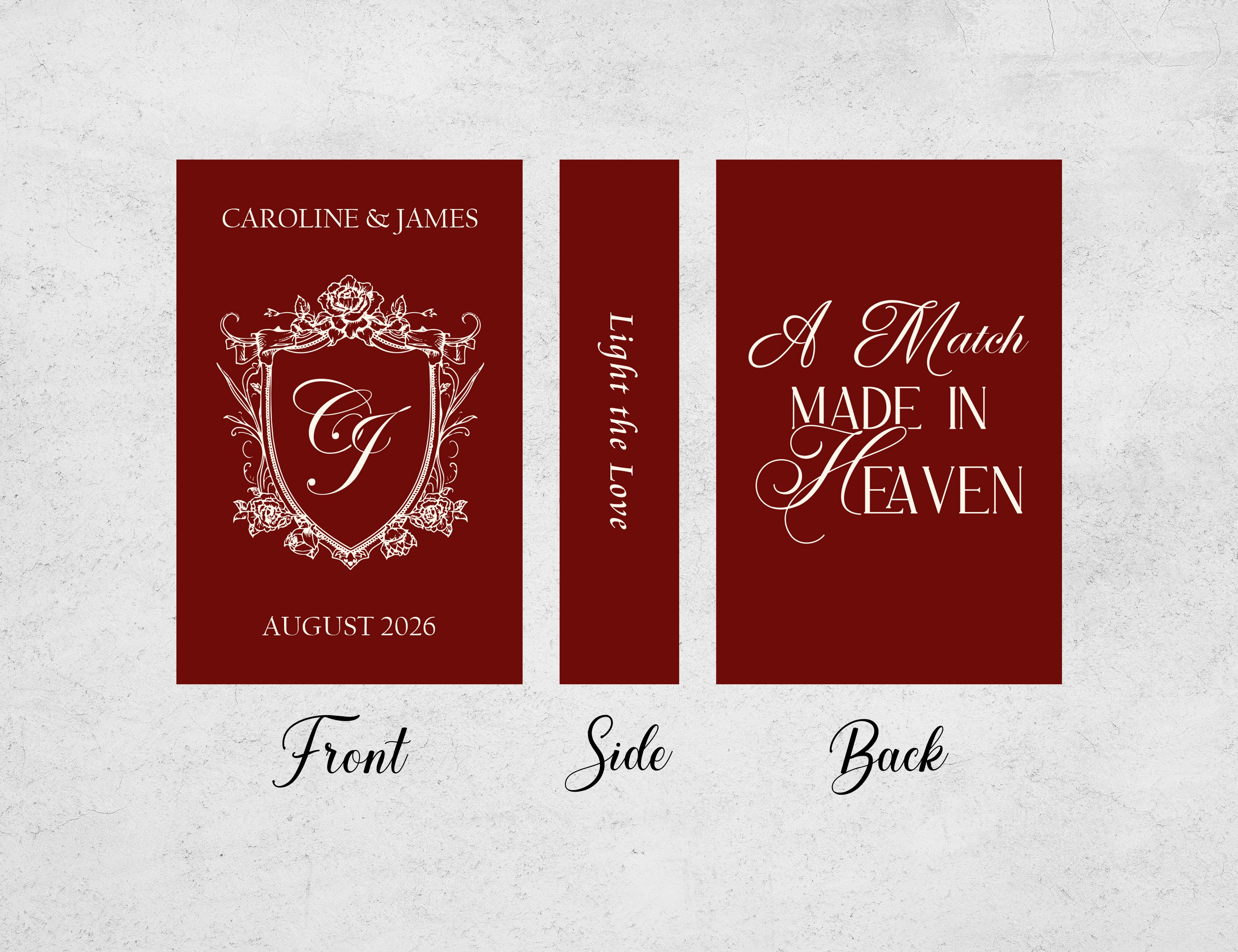 Personalized Wedding Matchboxes with Elegant Script Typography - Lifestyle Setting Display