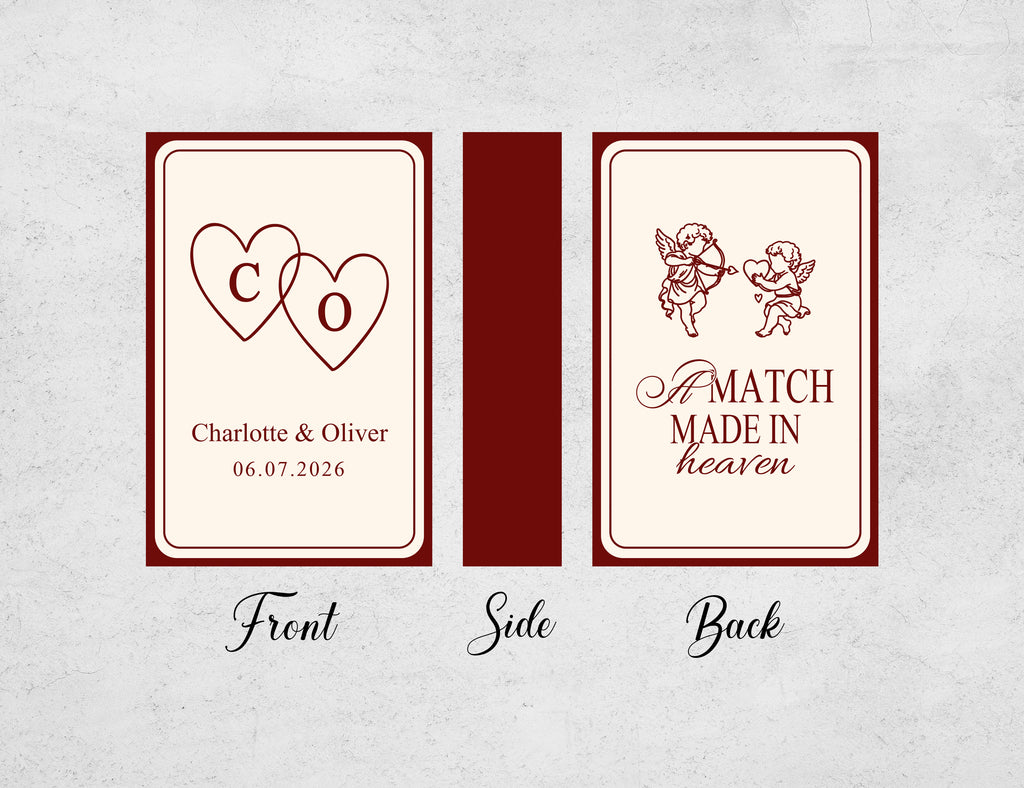 Cupid matchboxes with colored matches and A Match Made in Heaven design