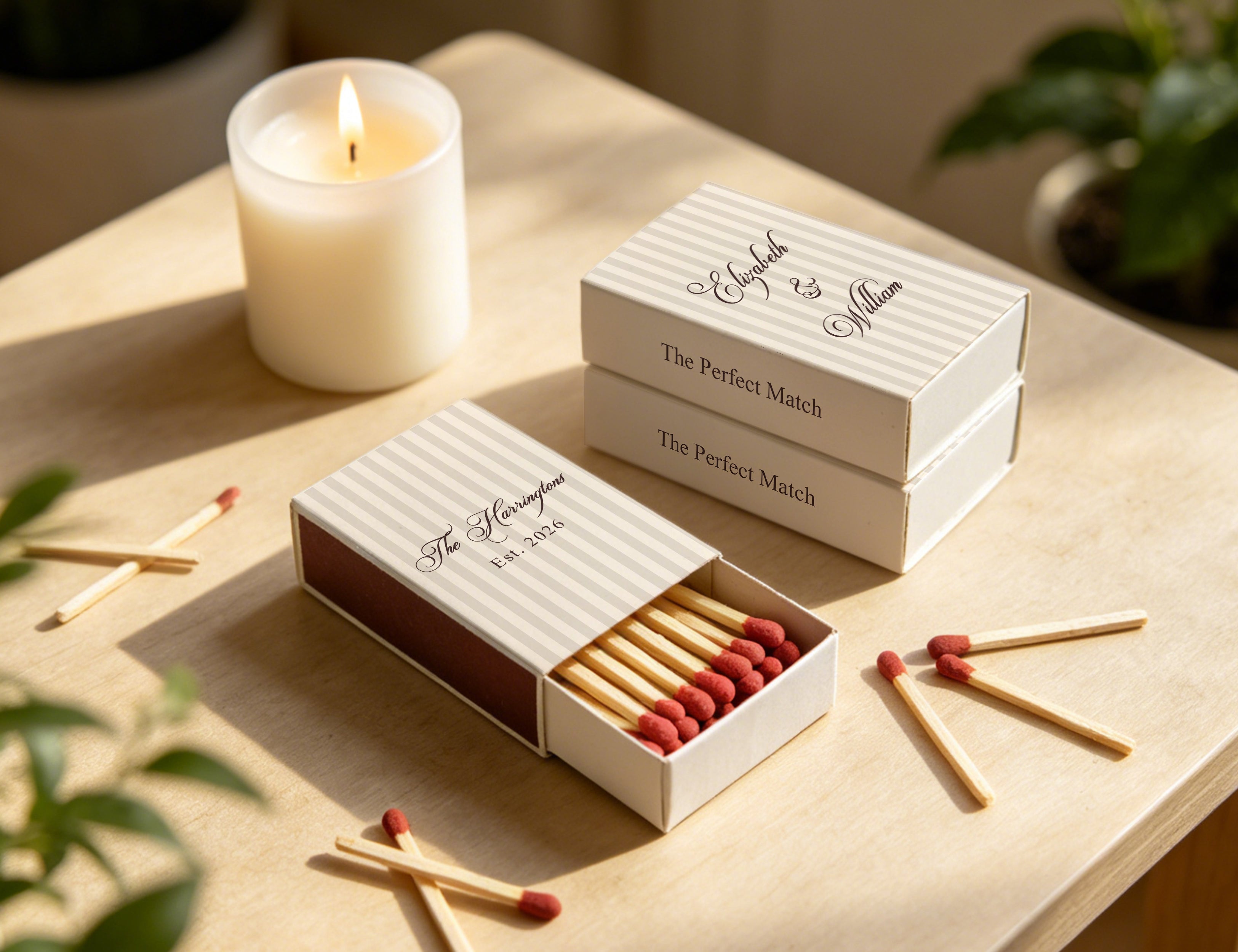 Personalized Wedding Matchboxes with Classic Striped Pattern - Product Scale Reference