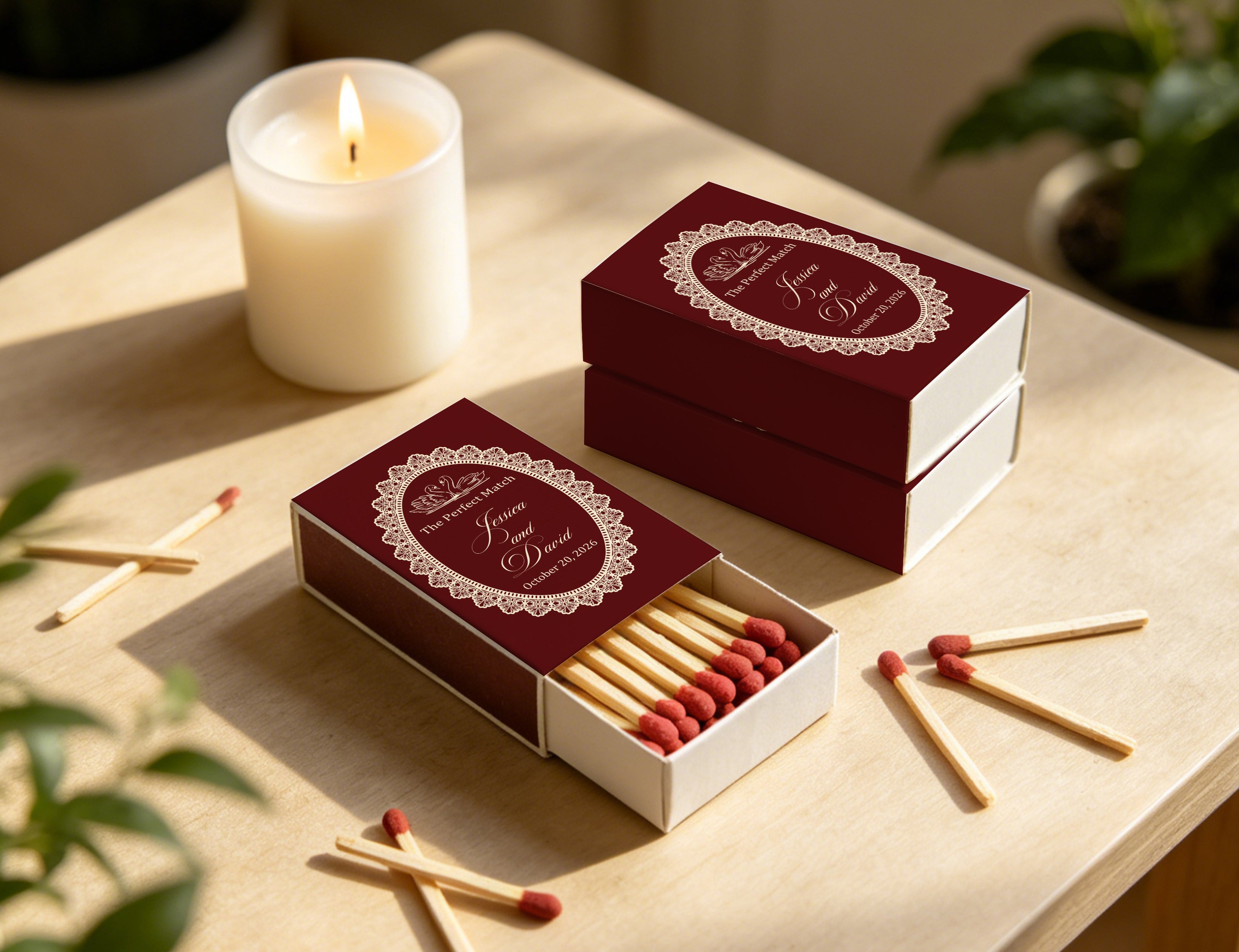 Personalized Burgundy Lace Wedding Matchboxes - Custom Swan "The Perfect Match" Elegant Engagement & Bridal Shower Favors with Names & Date