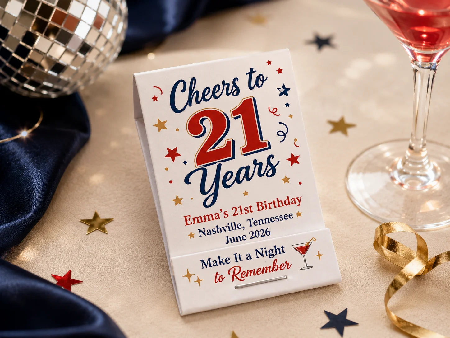 Personalized 21st Birthday Matchbooks - Front view product showcase with custom design