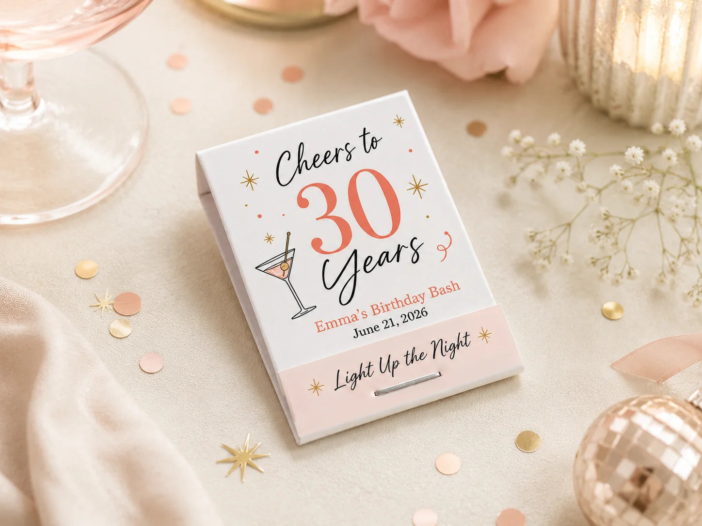 Personalized 30th Birthday Matchbooks - Front view product showcase with custom design
