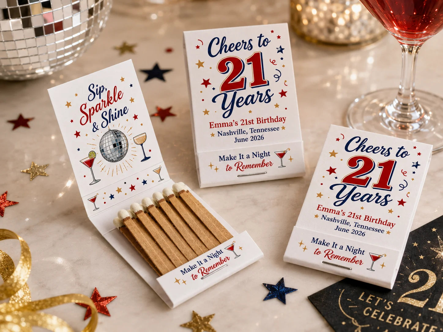 Personalized 21st Birthday Matchbooks - Side view showing matchbook thickness and quality