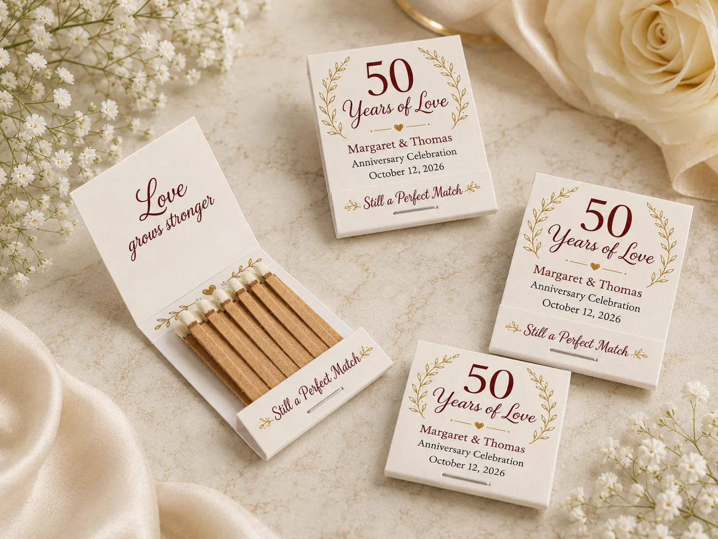 Personalized Anniversary Matchbooks - Side view showing matchbook thickness and quality