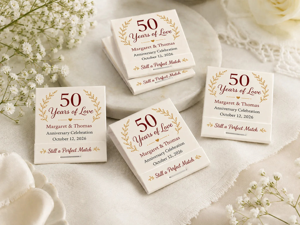 Personalized Anniversary Matchbooks - Opened view with 20 matches and custom printing inside
