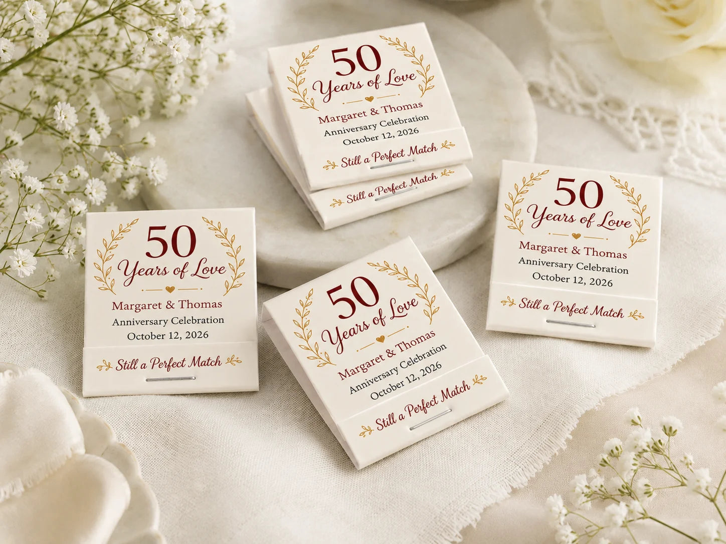 Personalized Anniversary Matchbooks - Opened view with 20 matches and custom printing inside