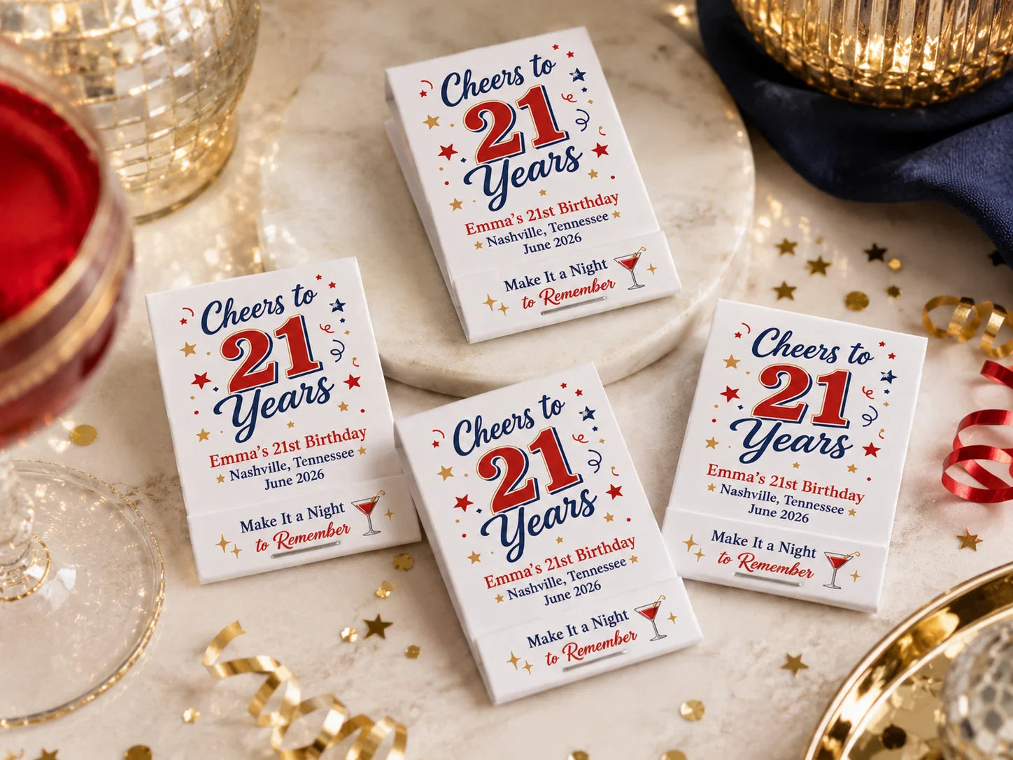 Personalized 21st Birthday Matchbooks - Opened view with 20 matches and custom printing inside
