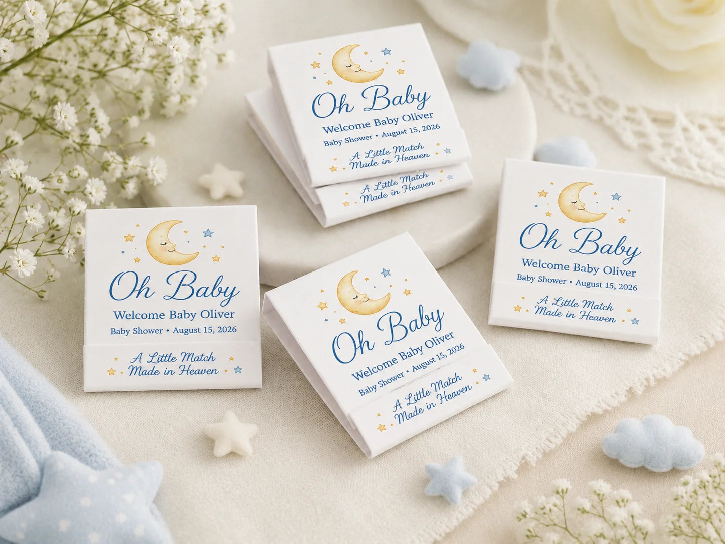 Personalized Baby Shower Matchbooks - Opened view with 20 matches and custom printing inside