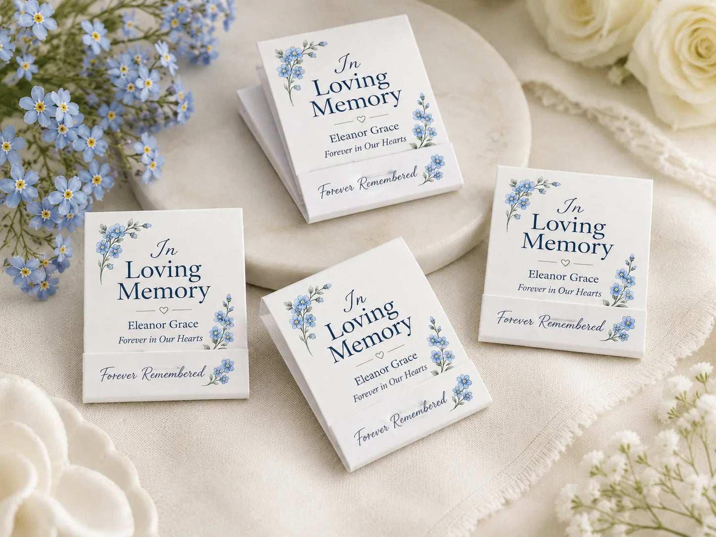 Personalized Memorial Matchbooks - Opened view with 20 matches and custom printing inside