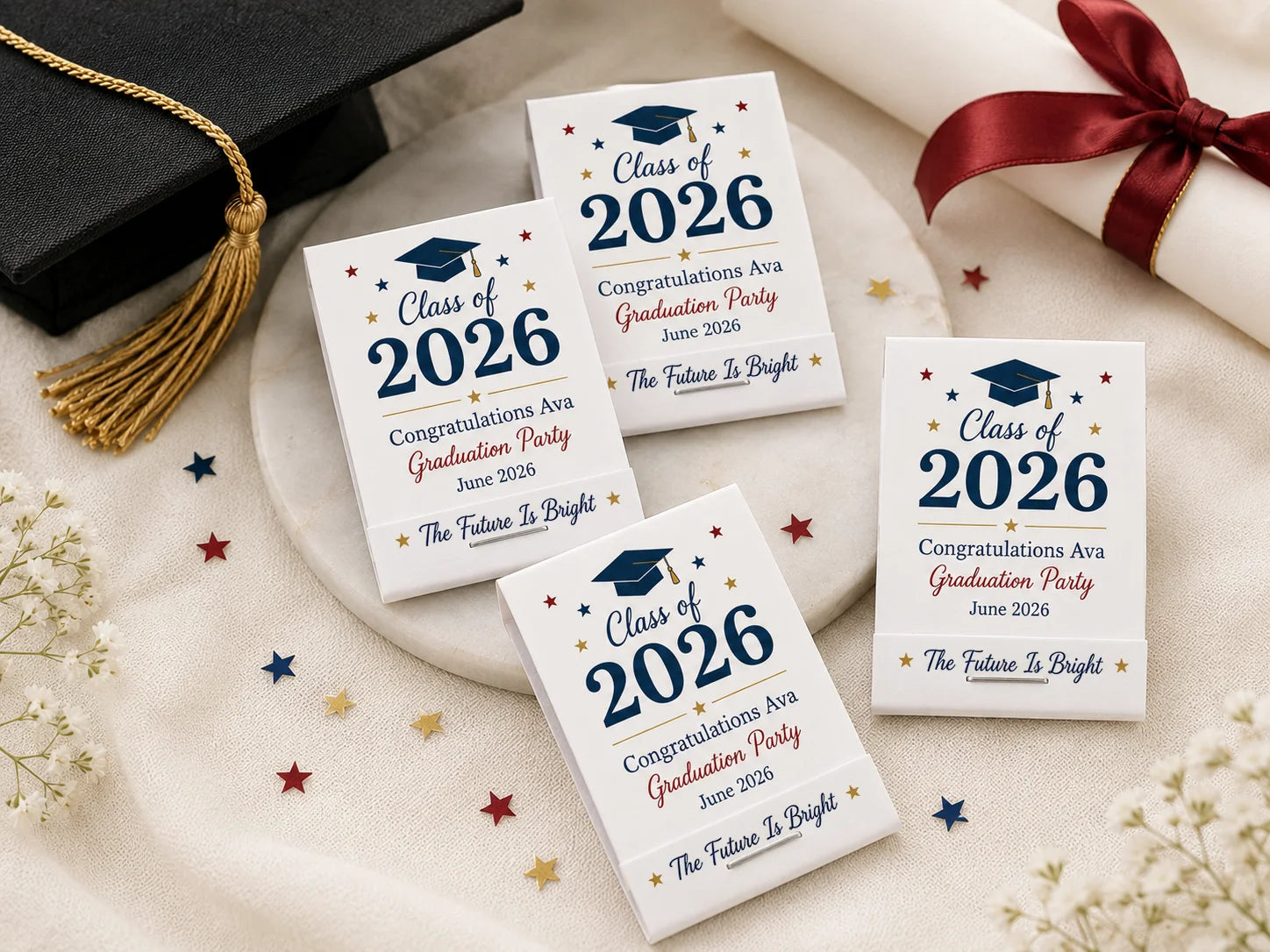 Personalized Graduation Matchbooks - Opened view with 20 matches and custom printing inside