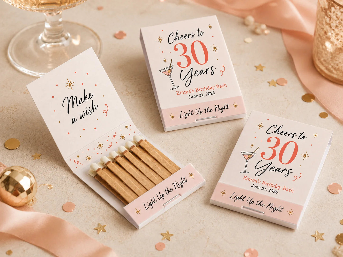 Personalized 30th Birthday Matchbooks - Opened view with 20 matches and custom printing inside