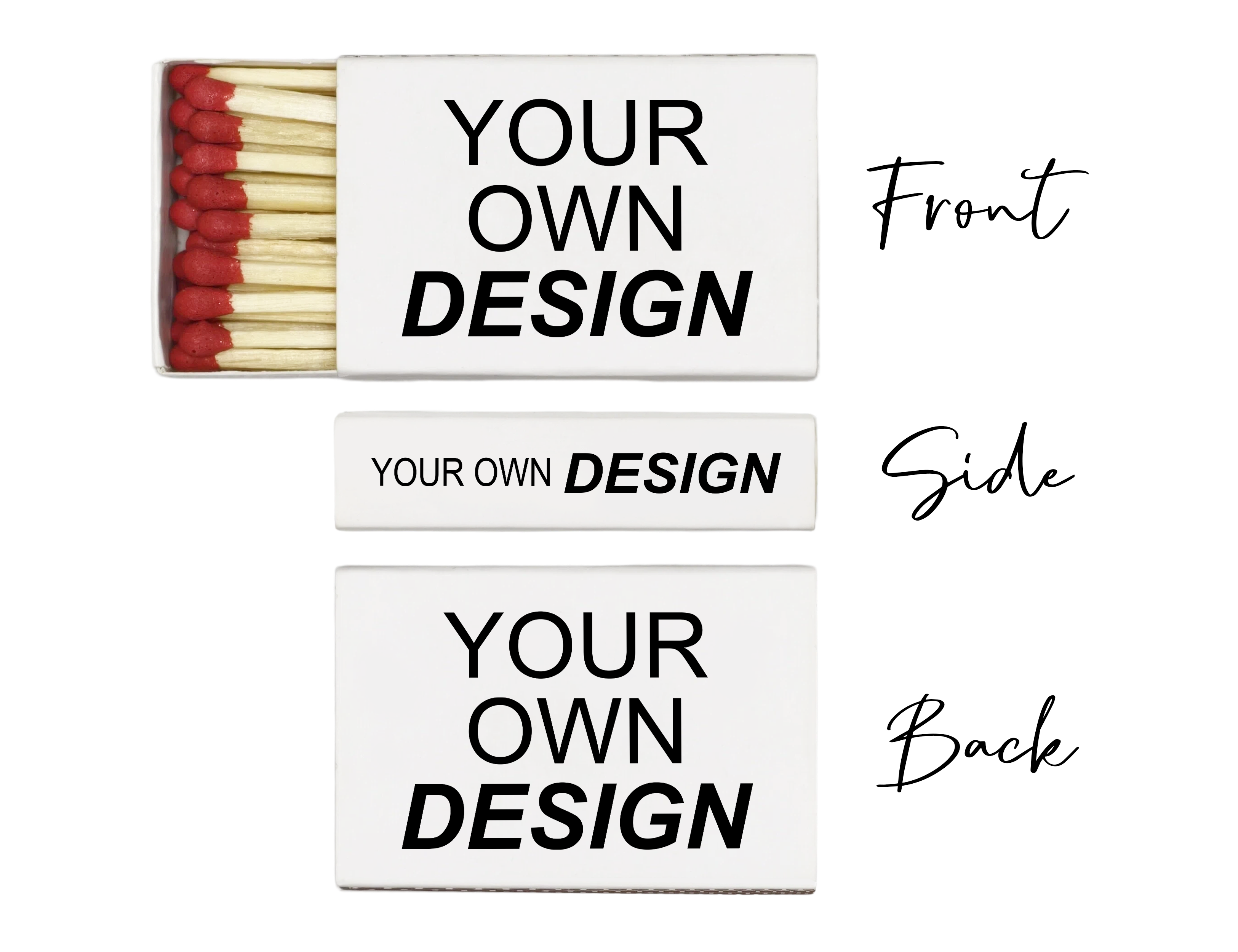 Design your own three-sided custom matchbox - front view with colored matches