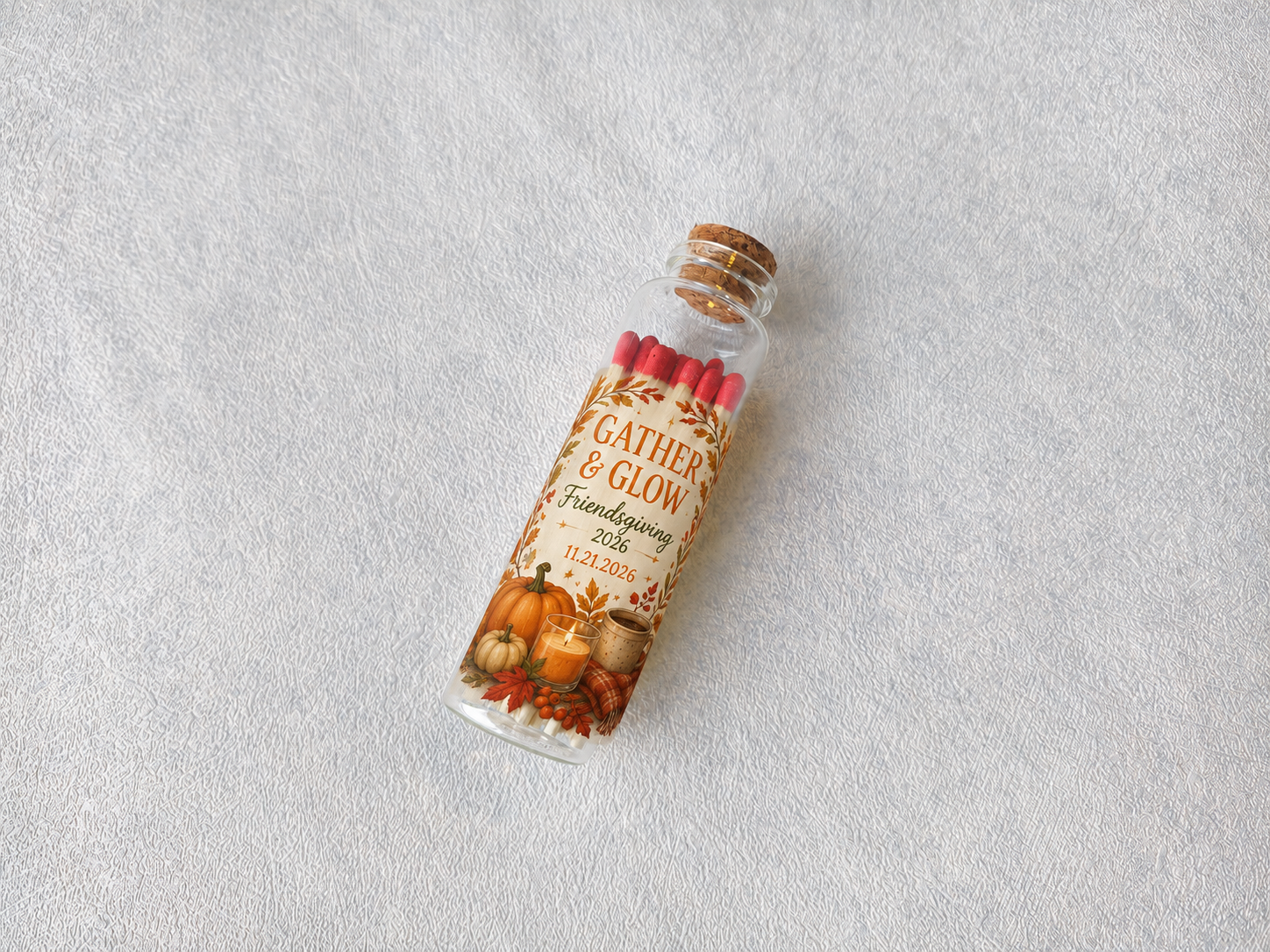 Personalized Friendsgiving Glass Bottle Matches - Gather & Glow - Custom Thanksgiving Favors