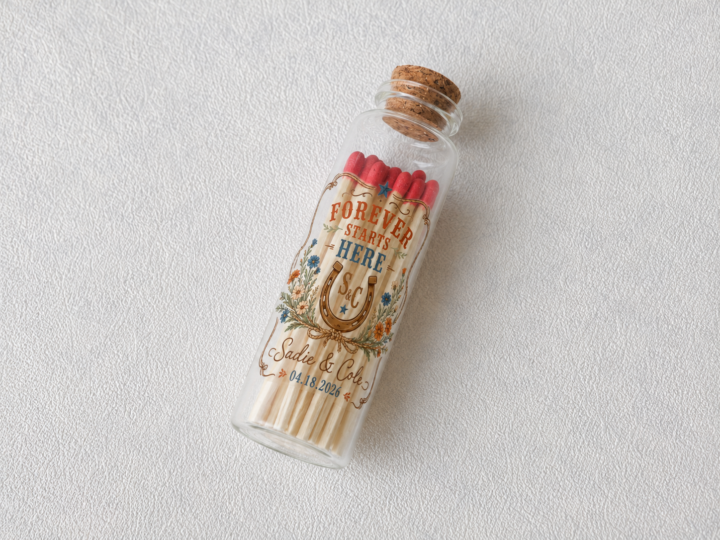 Personalized Western Wedding Glass Bottle Matches - Forever Starts Here - Custom Wedding Favors