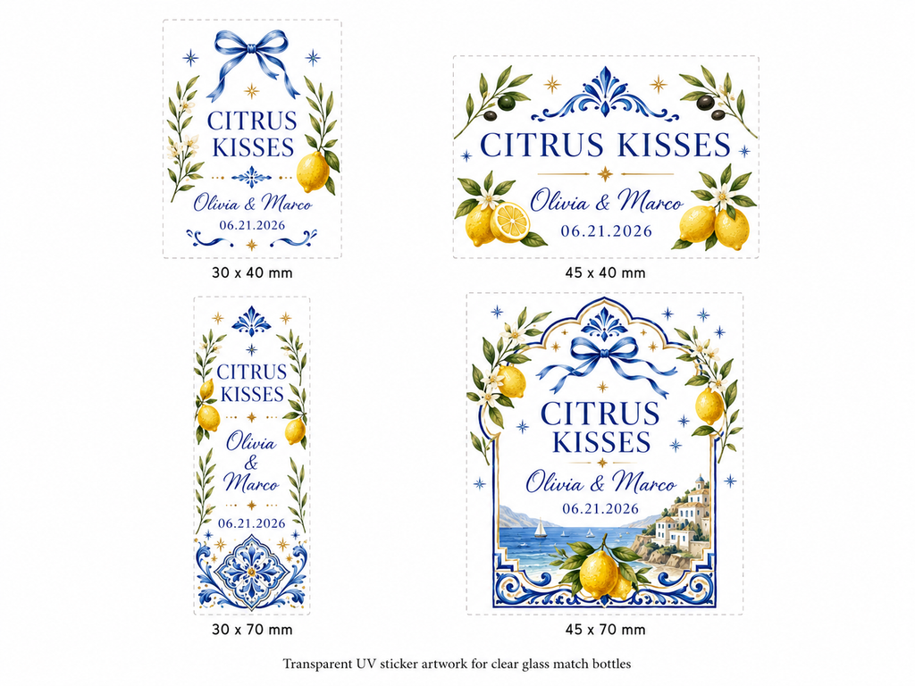 Personalized Mediterranean Wedding Glass Bottle Matches - Citrus Kisses - Custom Wedding Favors
