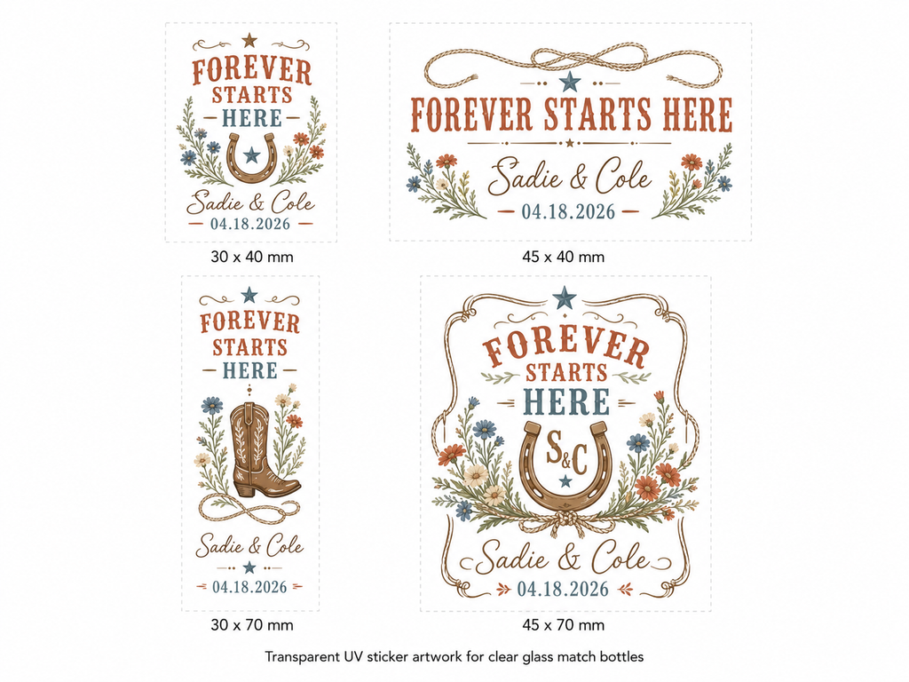 Personalized Western Wedding Glass Bottle Matches - Forever Starts Here - Custom Wedding Favors