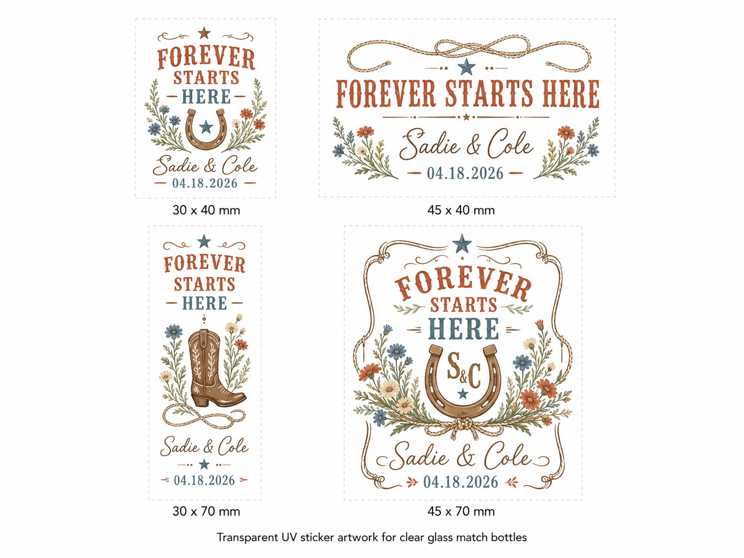 Personalized Western Wedding Glass Bottle Matches - Forever Starts Here - Custom Wedding Favors