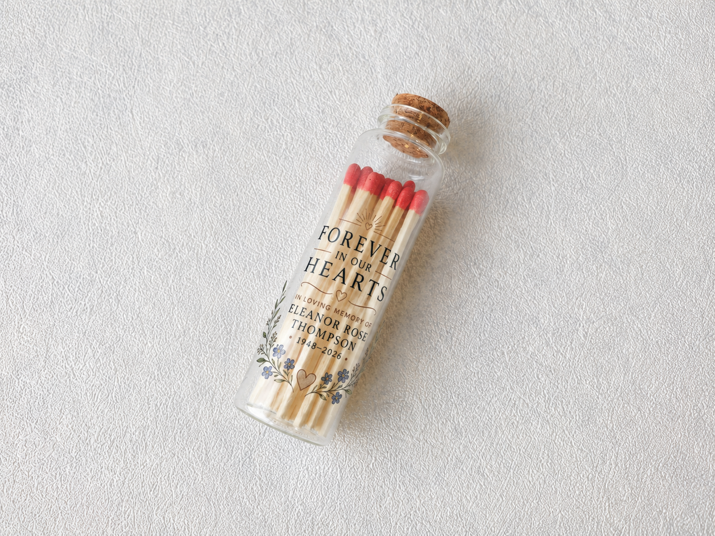 Personalized Memorial Glass Bottle Matches - Forever In Our Hearts - Custom Memorial Favors