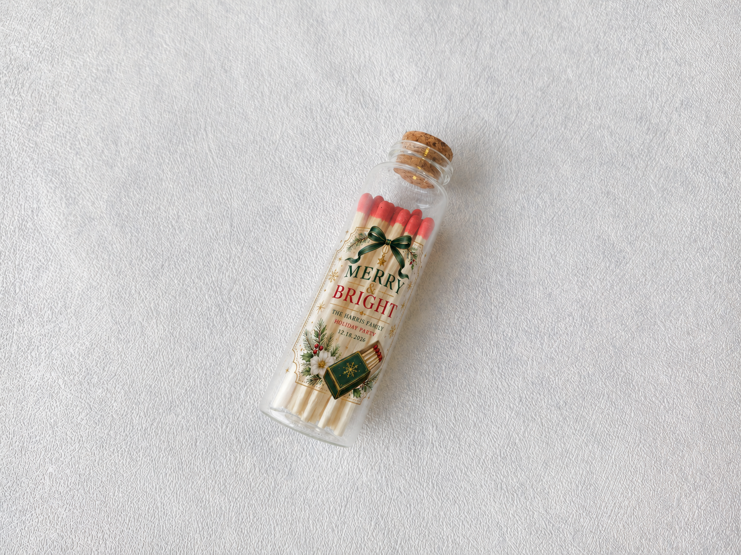 Personalized Christmas Glass Bottle Matches - Custom Holiday Favors