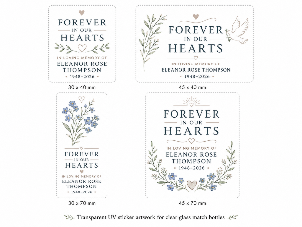 Personalized Memorial Glass Bottle Matches - Forever In Our Hearts - Custom Memorial Favors