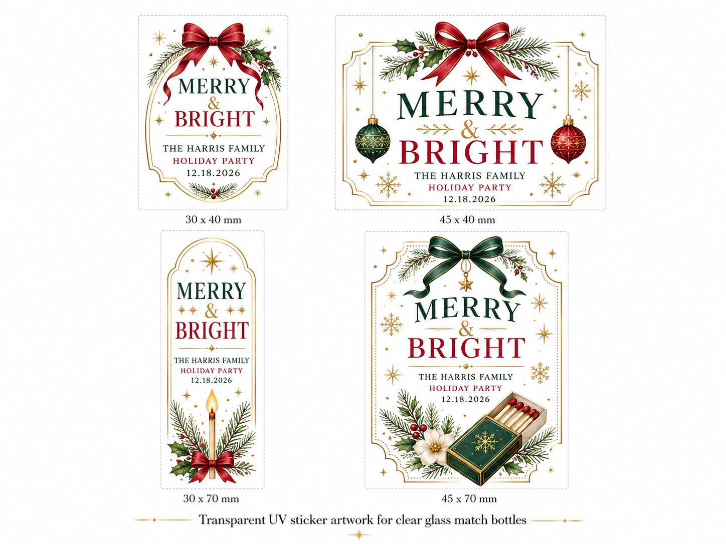 Personalized Christmas Glass Bottle Matches - Custom Holiday Favors