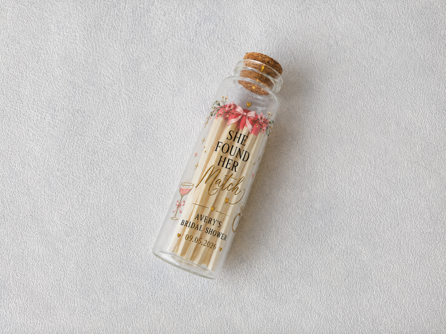 Personalized Bridal Shower Glass Bottle Matches - She Found Her Match Favors