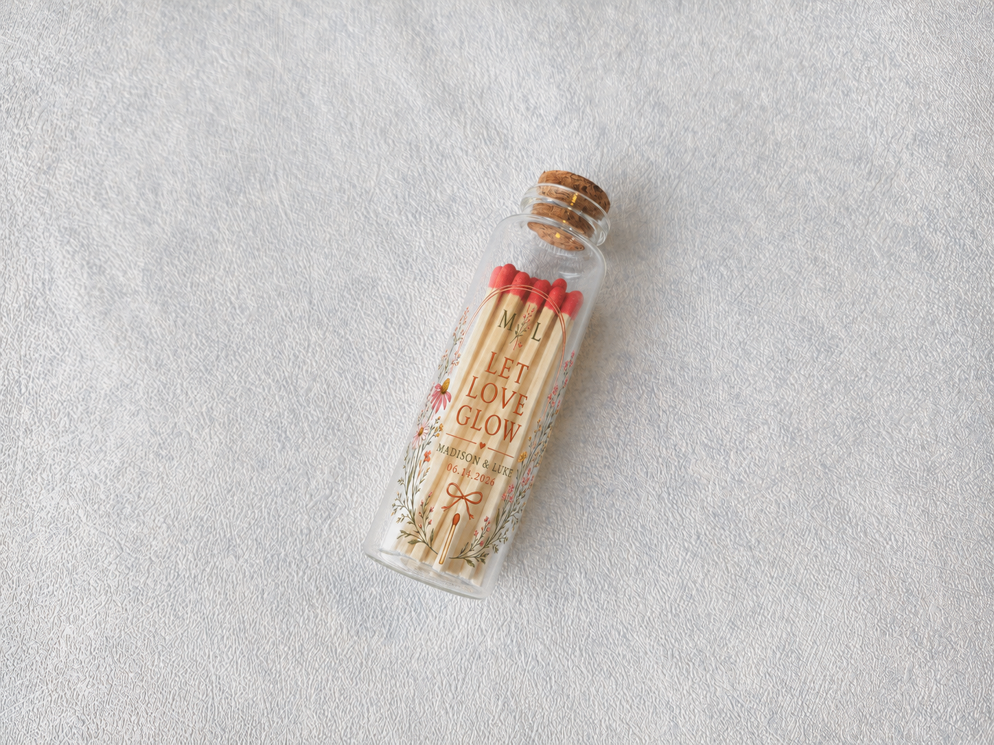 Personalized Wildflower Wedding Glass Bottle Matches - Let Love Glow Favors