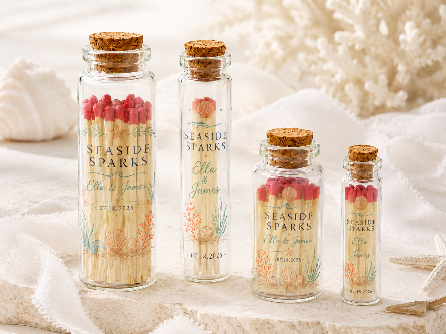 Personalized Seaside Beach Glass Bottle Matches - Custom Wedding Favors