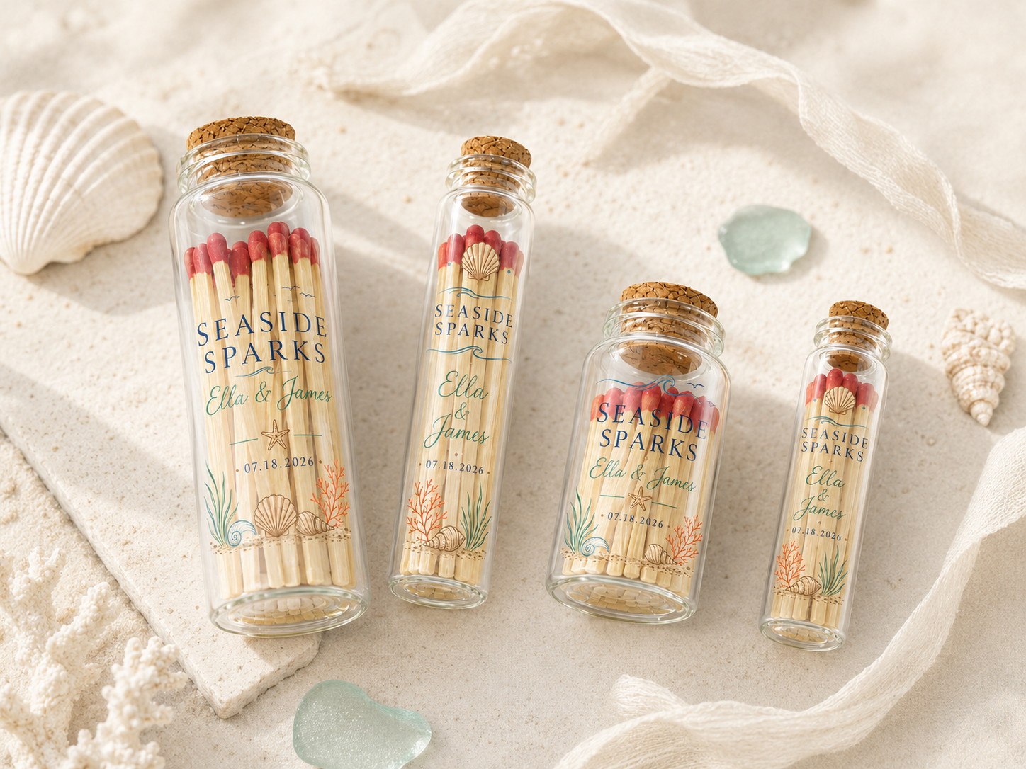 Personalized Seaside Beach Glass Bottle Matches - Custom Wedding Favors