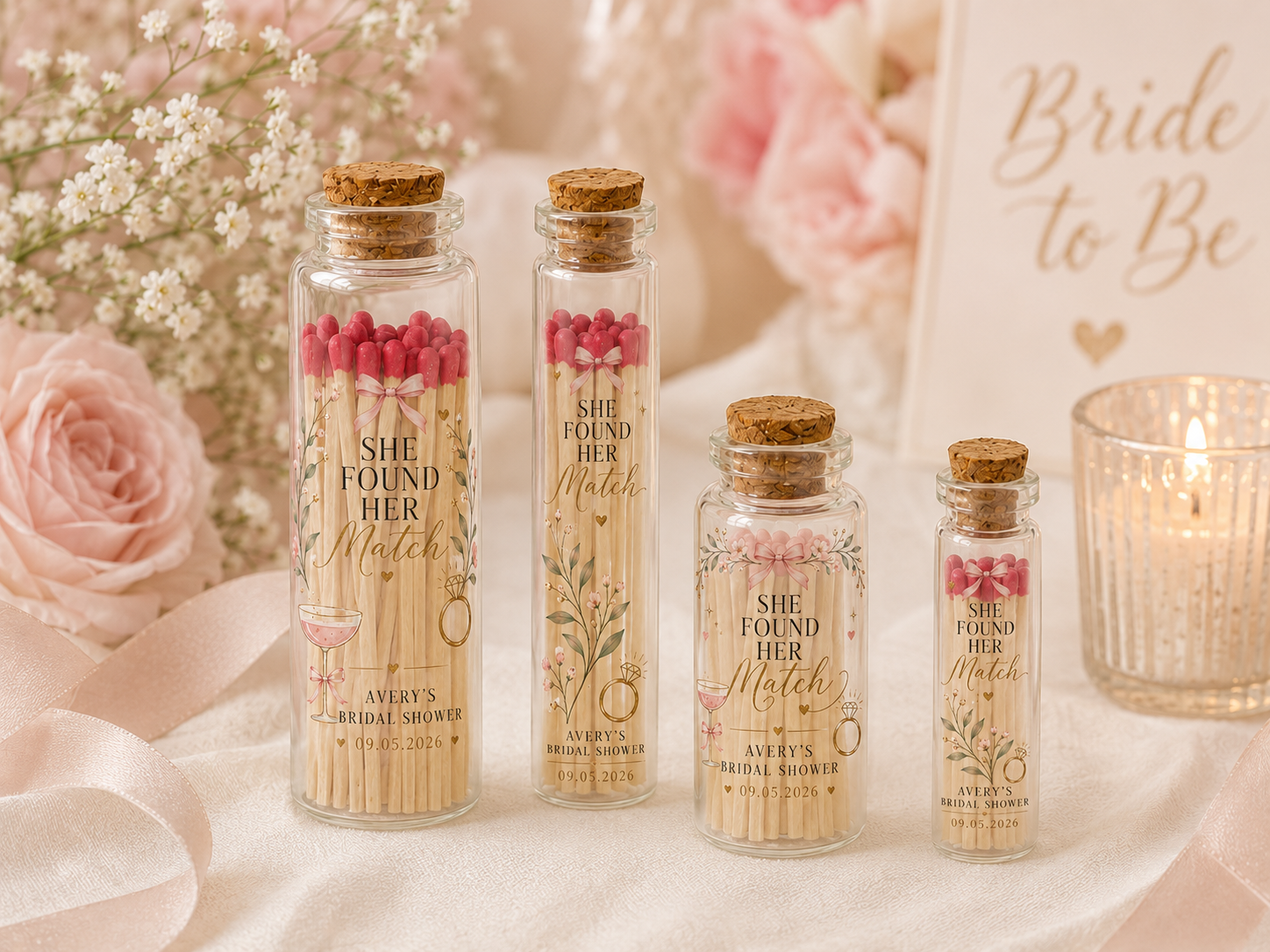 Personalized Bridal Shower Glass Bottle Matches - She Found Her Match Favors