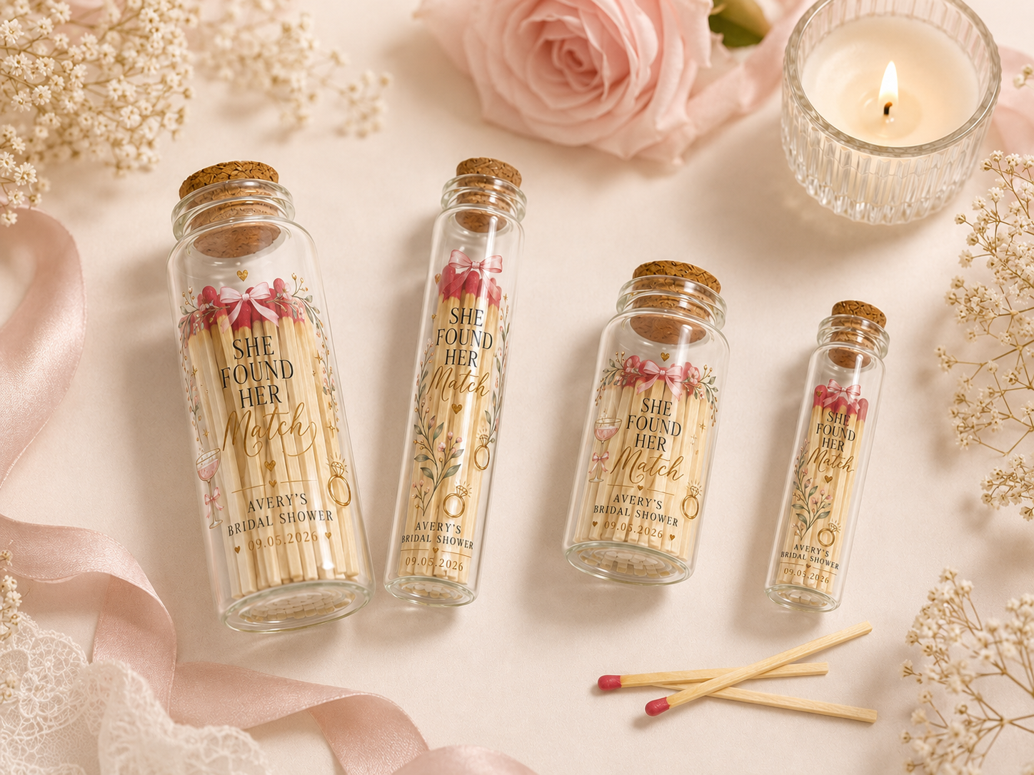 Personalized Bridal Shower Glass Bottle Matches - She Found Her Match Favors