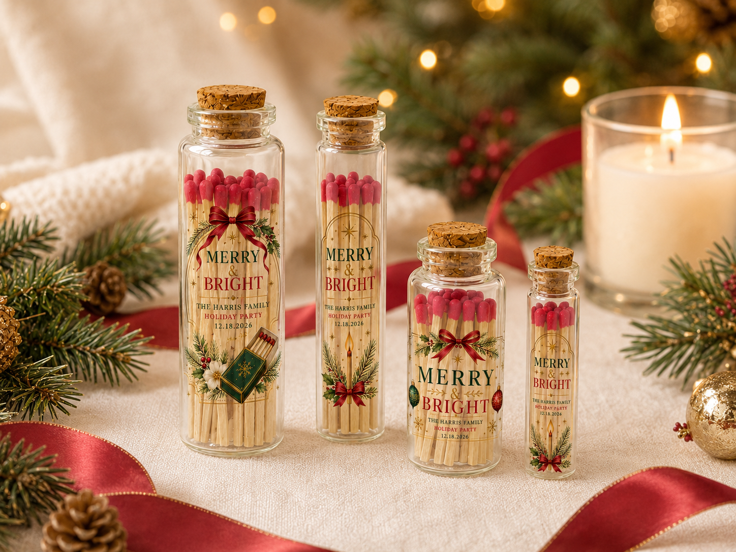 Personalized Christmas Glass Bottle Matches - Custom Holiday Favors