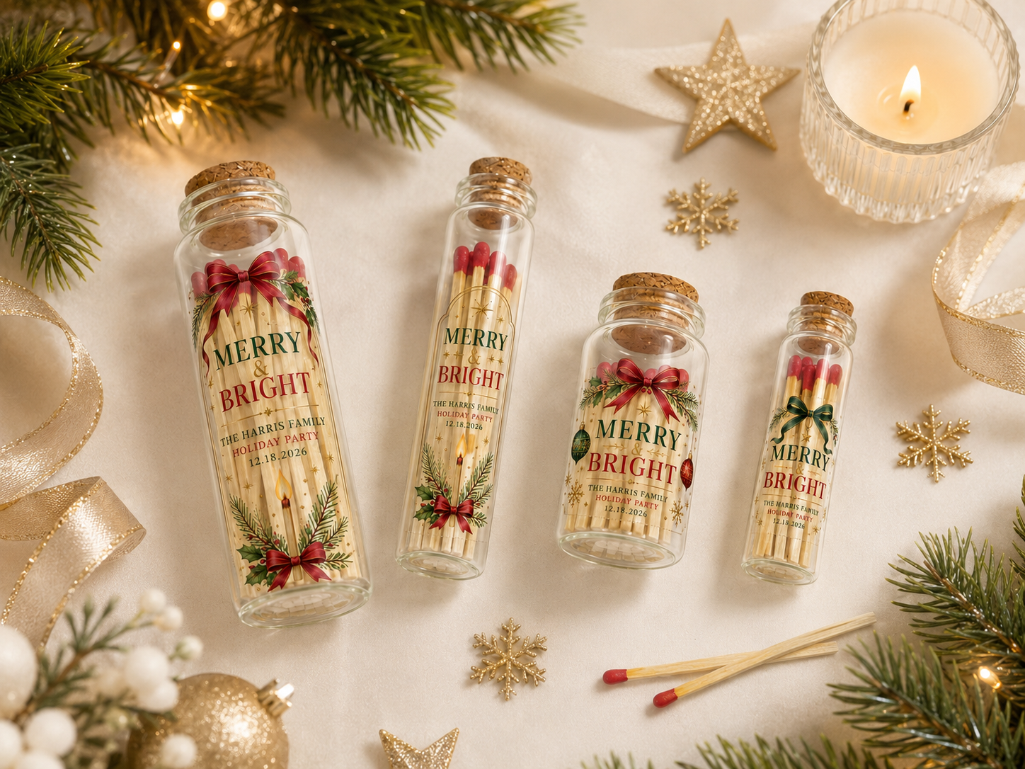 Personalized Christmas Glass Bottle Matches - Custom Holiday Favors