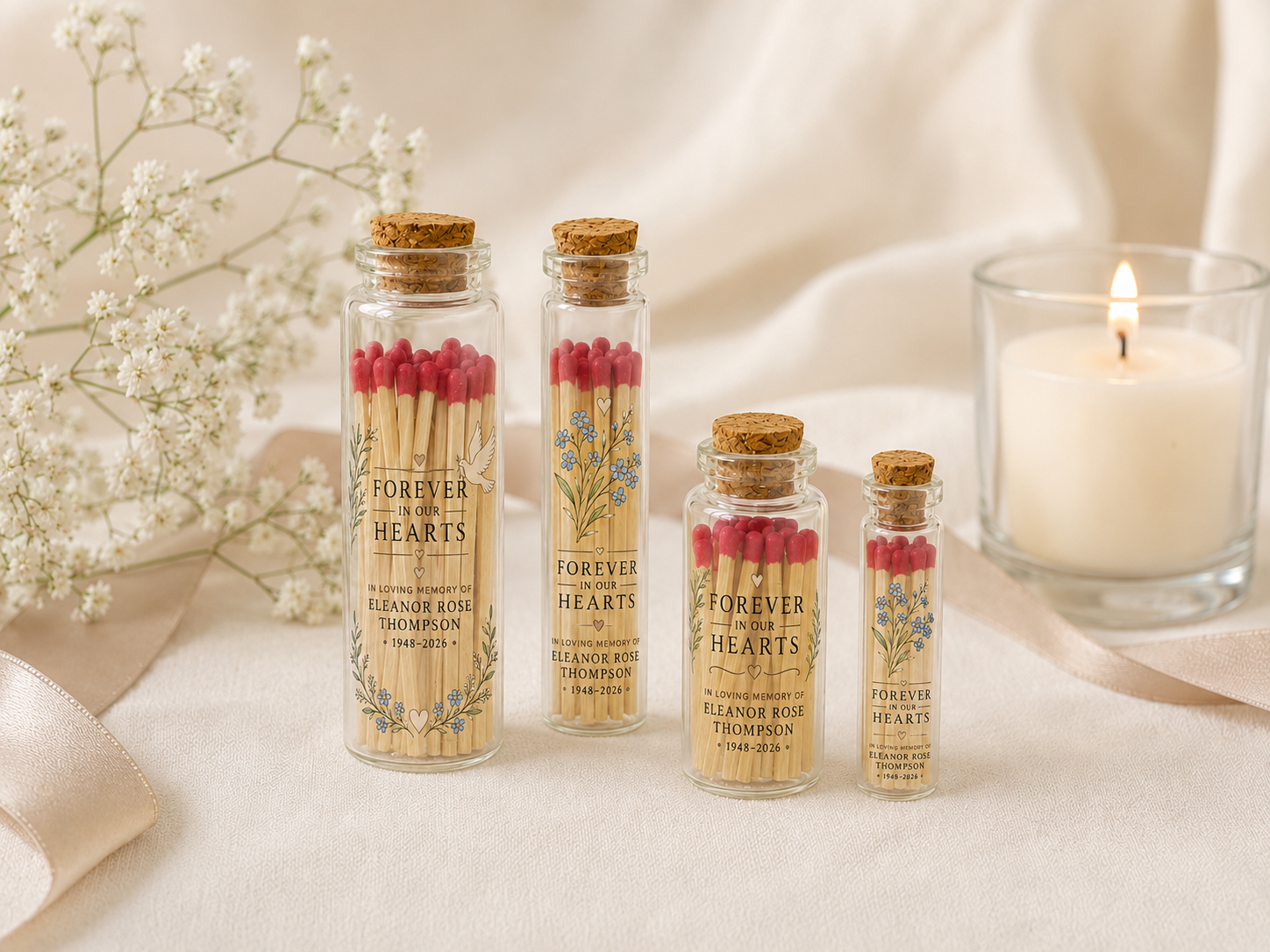 Personalized Memorial Glass Bottle Matches - Forever In Our Hearts - Custom Memorial Favors