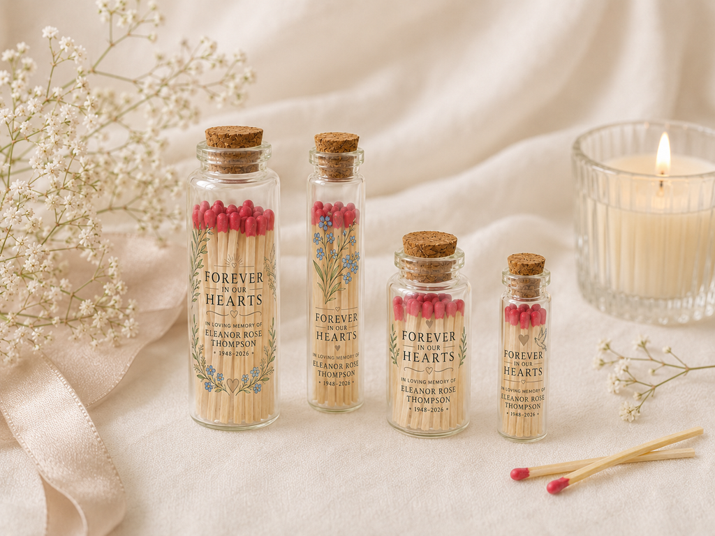 Personalized Memorial Glass Bottle Matches - Forever In Our Hearts - Custom Memorial Favors