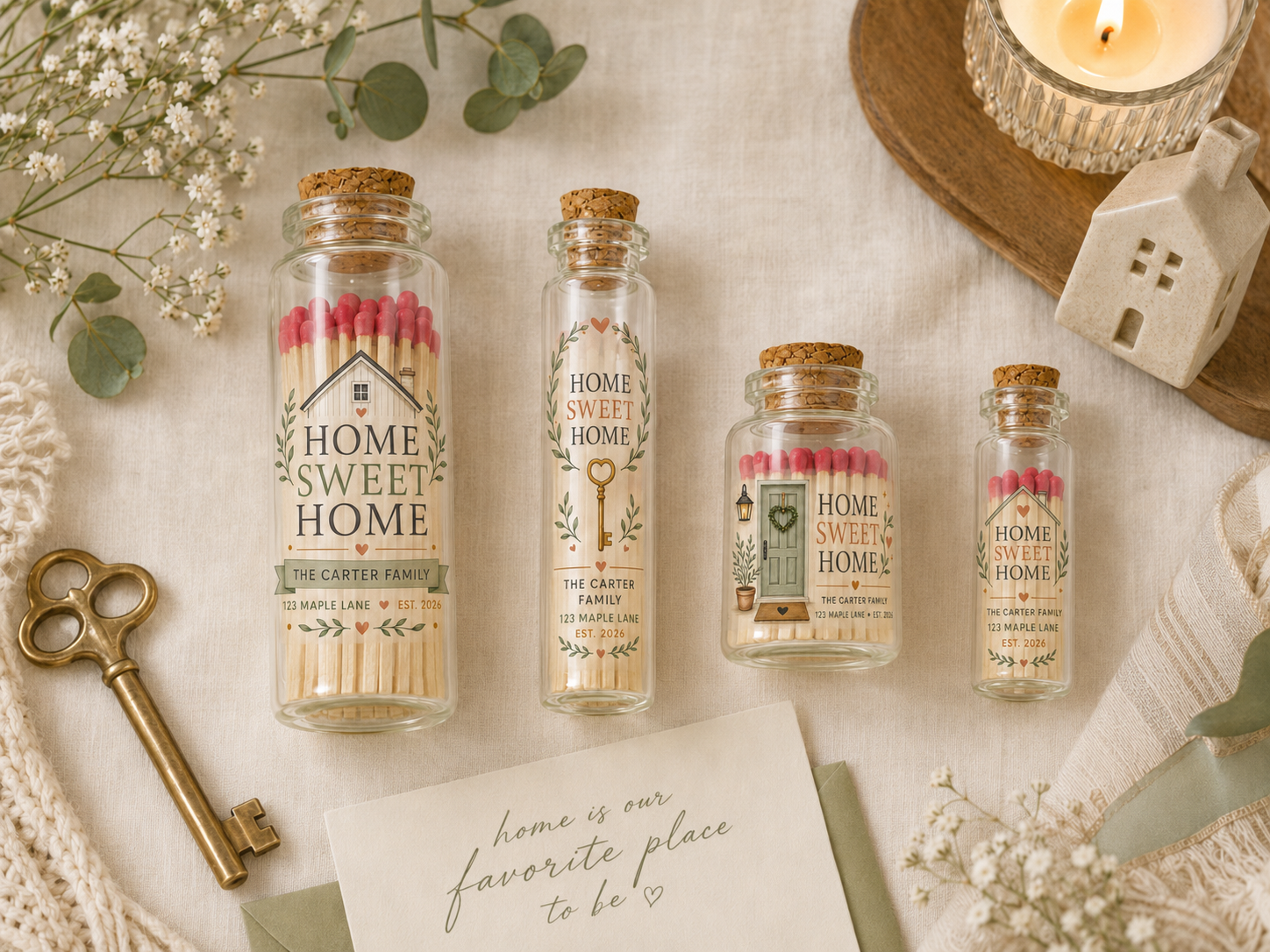 Personalized Home Sweet Home Glass Bottle Matches - New Home Favors - Custom Housewarming Favors
