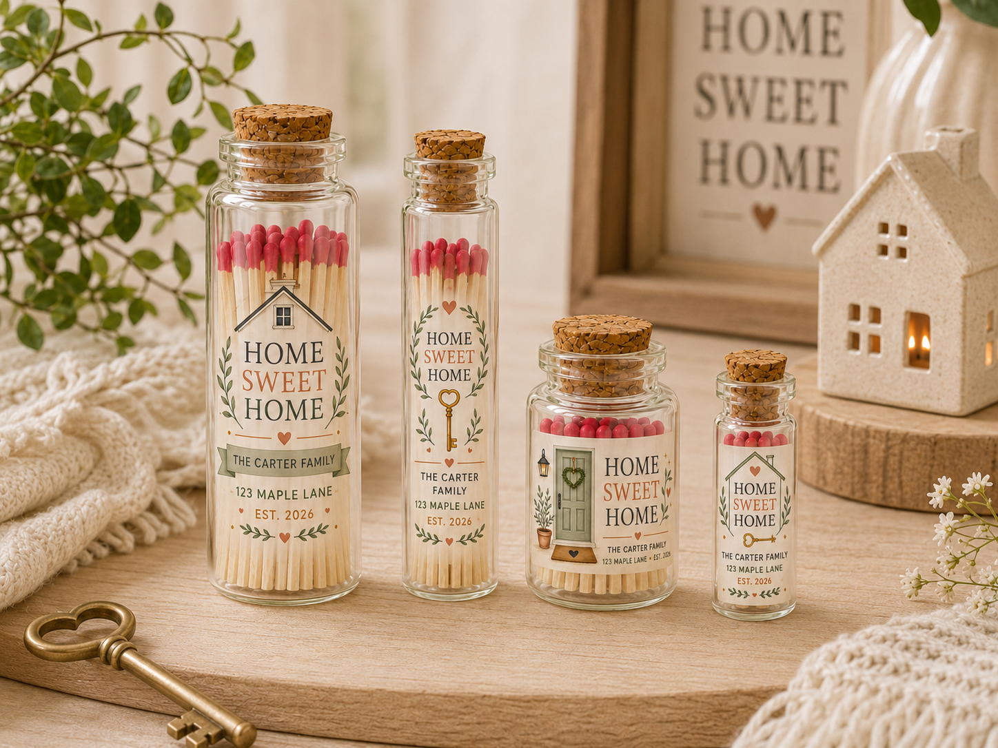 Personalized Home Sweet Home Glass Bottle Matches - New Home Favors - Custom Housewarming Favors
