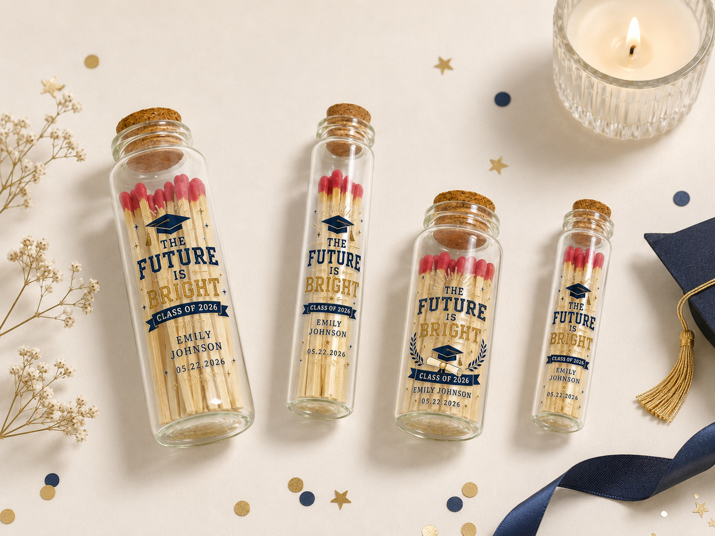 Personalized Graduation Glass Bottle Matches - The Future Is Bright - Custom Graduation Favors