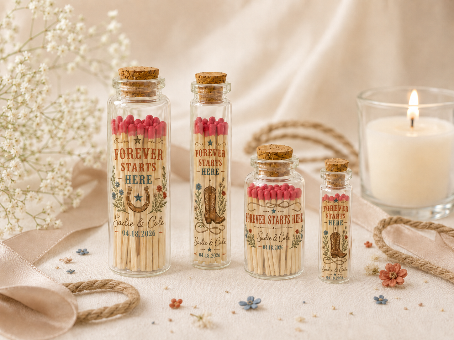 Personalized Western Wedding Glass Bottle Matches - Forever Starts Here - Custom Wedding Favors
