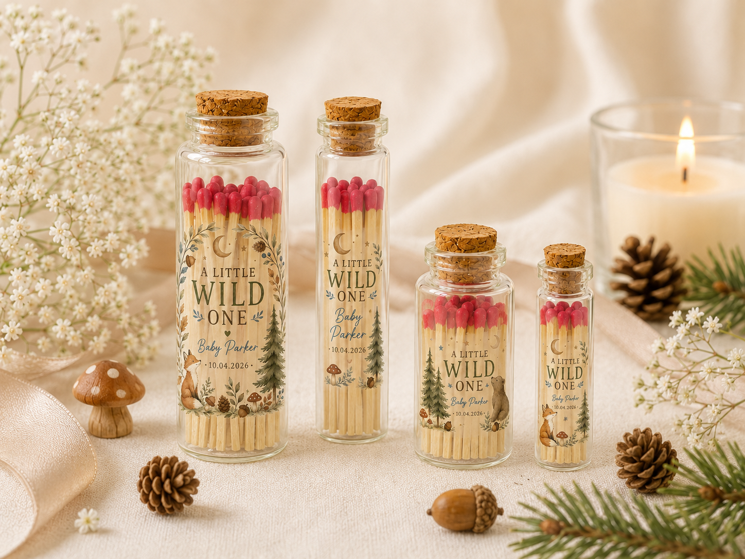 Personalized Wild One Birthday Glass Bottle Matches - First Birthday Favors - Custom Birthday Favors