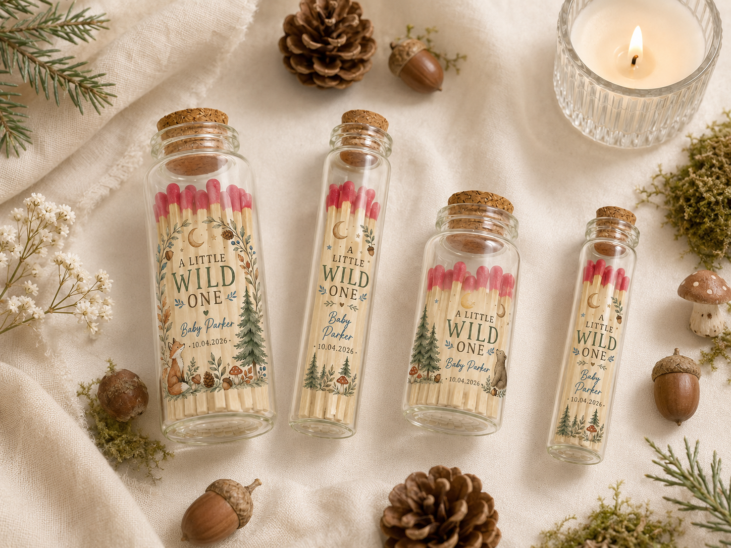 Personalized Wild One Birthday Glass Bottle Matches - First Birthday Favors - Custom Birthday Favors