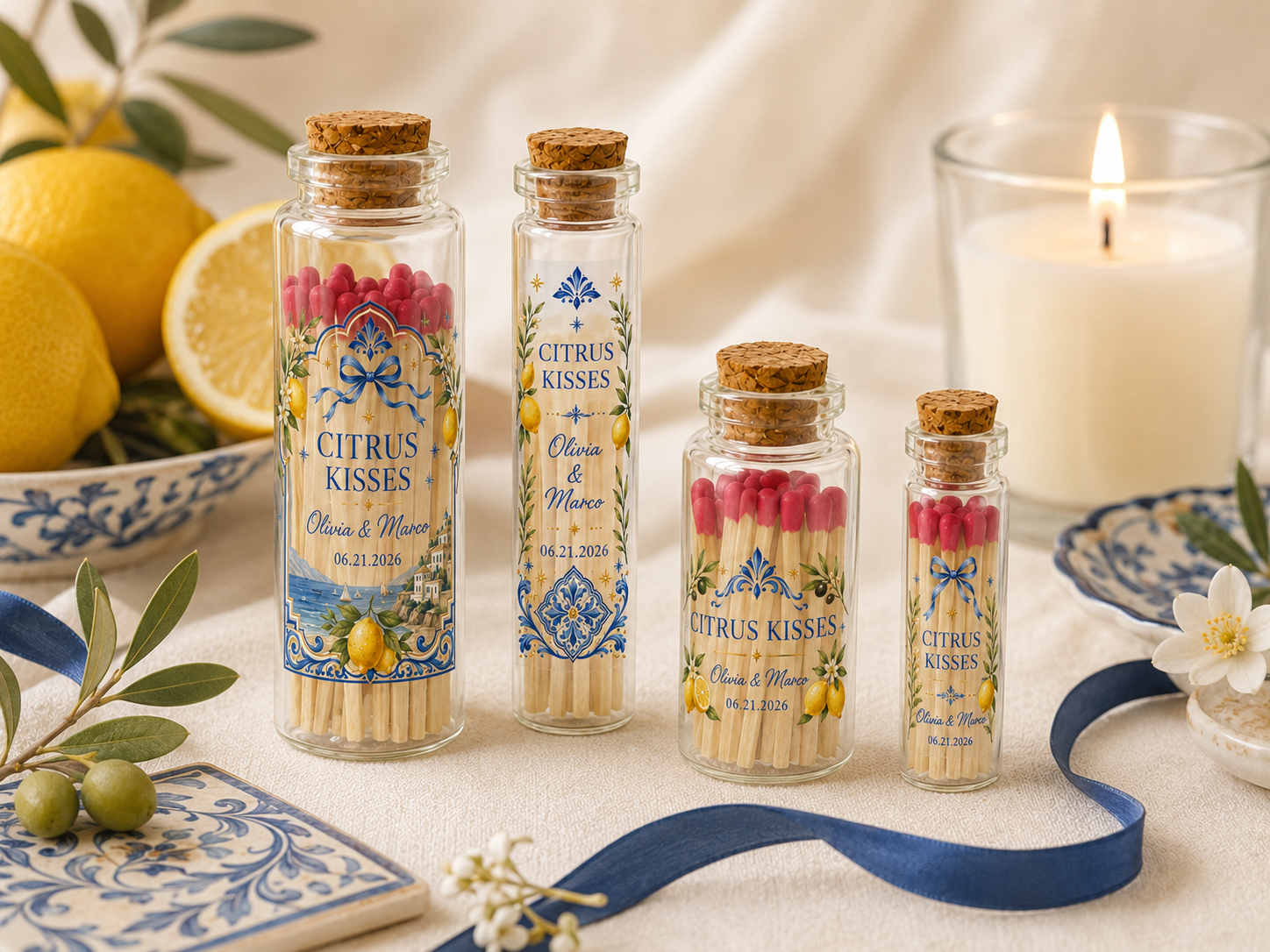 Personalized Mediterranean Wedding Glass Bottle Matches - Citrus Kisses - Custom Wedding Favors