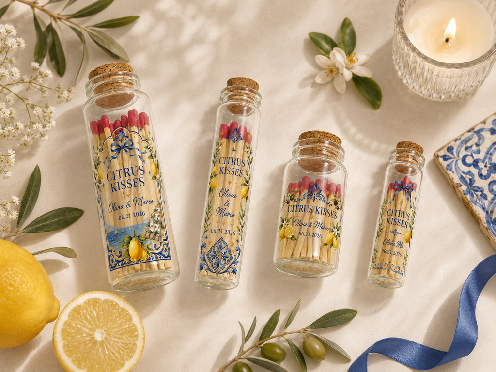 Personalized Mediterranean Wedding Glass Bottle Matches - Citrus Kisses - Custom Wedding Favors