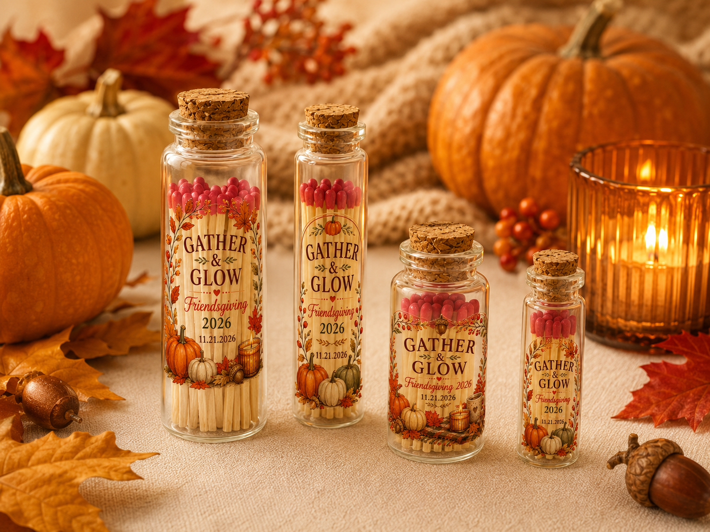 Personalized Friendsgiving Glass Bottle Matches - Gather & Glow - Custom Thanksgiving Favors